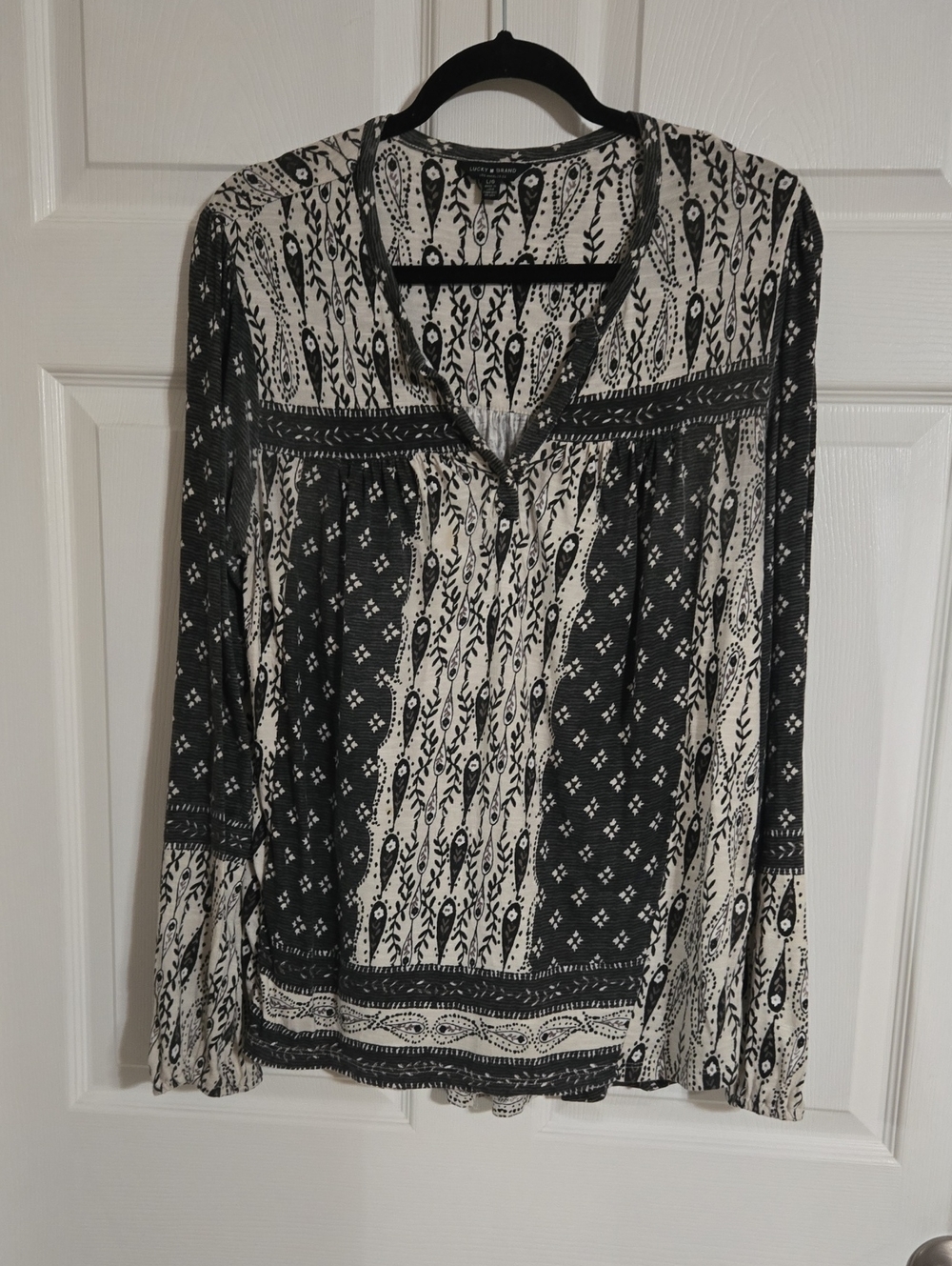 Lucky Brand Black and White Printed Boho Peasant Top